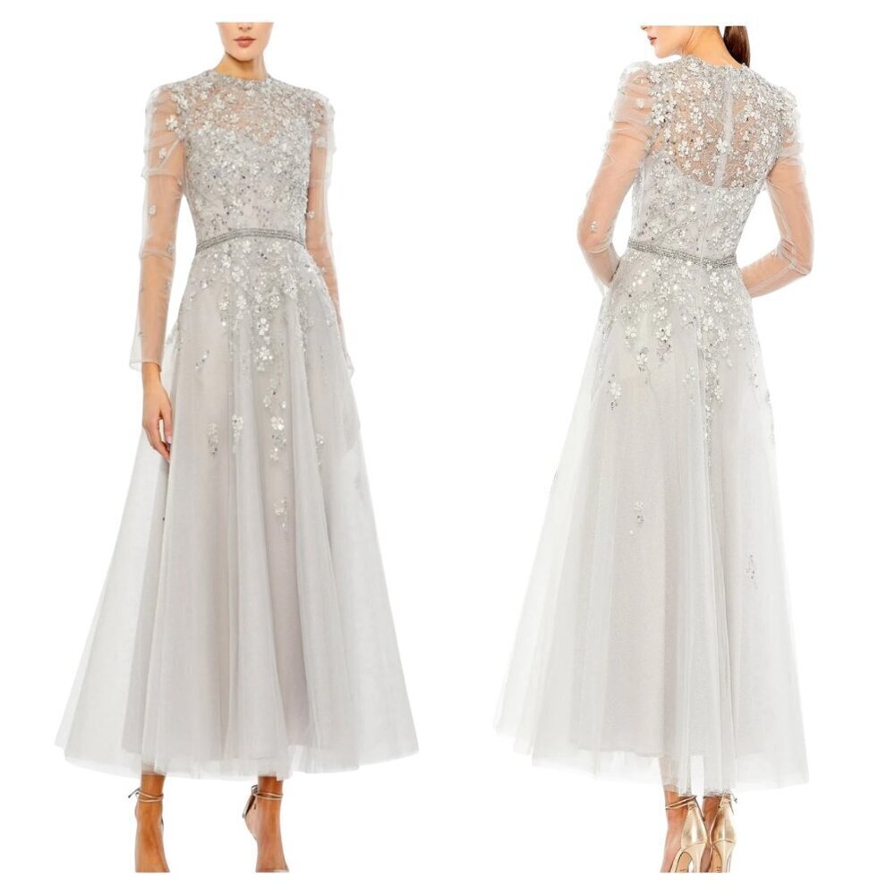 Mac Duggal Silver Beaded Illusion Tea Length Dress Size 8 NWT Style 20444